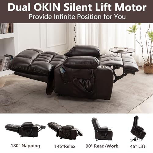 RHHVVR Oversized Power Recliner Chair for Big and Tall 400 LBS, 25.5" Extra Wide Electric Lift Chair with Heat and Massage, Dual Motor 180° Lay Flat Recliner Living Room Sofa, PU Leather Big Recliner