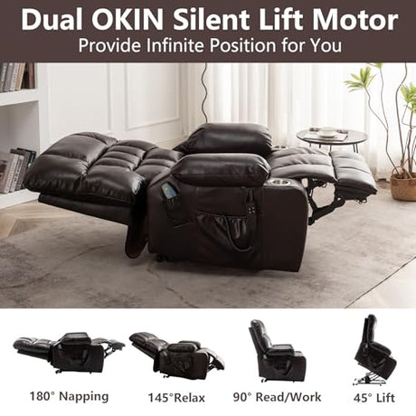 RHHVVR Oversized Power Recliner Chair for Big and Tall 400 LBS, 25.5" Extra Wide Electric Lift Chair with Heat and Massage, Dual Motor 180° Lay Flat Recliner Living Room Sofa, PU Leather Big Recliner RHHVVR