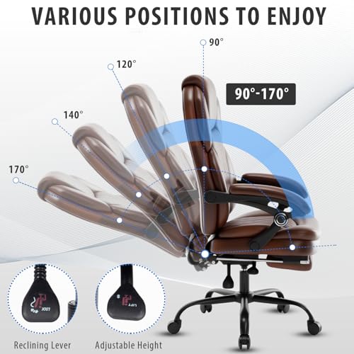 linting 400lbs Reclining Office Desk Chair with Footrest, Plus Size Comfortable Big Tall Brown Leather Recliner Office Chairs for Heavy People linting
