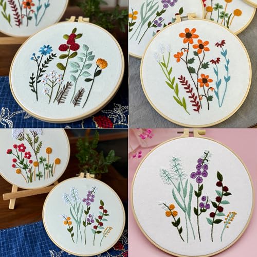 Huacan Embroidery Kits for Adults Beginner - 4 Pcs Floral Pattern Stitching Printed Bouquet DIY Sewing Kit 7.9 x 7.9 Inch (Bouquet 3)
