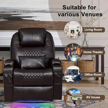 Dual Motor Power Swivel Rocker Recliner Chair for Adults with Heat and Massage,Electric Wall Hugger Glider Rocking Recliner for Nursery Living Room with LED Lights,USB A&C Ports(Brown, Single) DUNELLA