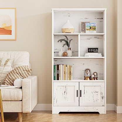 IDEALHOUSE Wood Bookcase with Doors White Bookshelf with LED Lights Modern Storage Rack 3 Shelf Standing Bookshelves Large Display Shelf Unique Book - WoodArtSupply