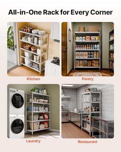 VEVOR Stainless Steel Shelving 48x18.5 Inch 5 Tier Adjustable Shelf Storage Unit Stainless Steel Heavy Duty Shelving for Kitchen Commercial Office Garage Storage 330lb Per Shelf VEVOR