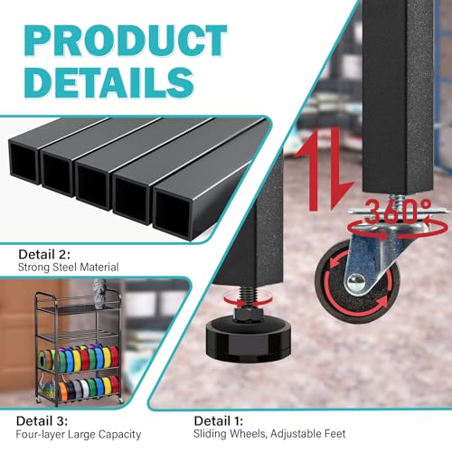 Filament Rack 3D Printer Filament Storage Rack 4-layer Large Capacity Adjustable Filament Spool Holder Printer Stand with Rolling Wheels Heavy-duty Metal Frame for PLA TPU Filament Holder for Studio Bhyhok