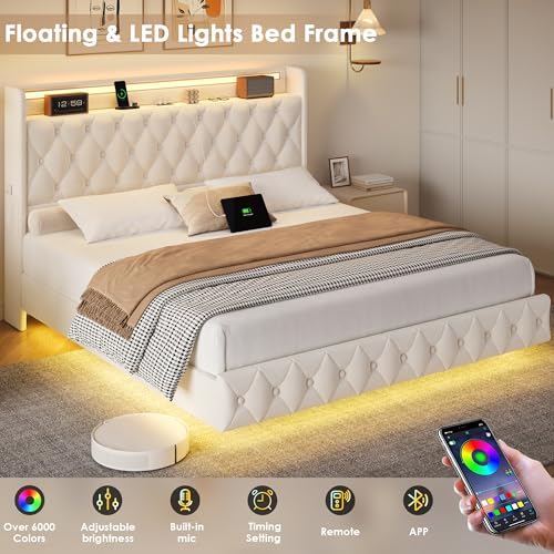 Keyluv Queen Floating Bed Frame with LED Lights & Charging Station, Upholstered Velvet Platform Bed with Button Tufted Storage Headboard, No Box Spring Needed, Noise-Free, Easy Assembly, Beige Keyluv