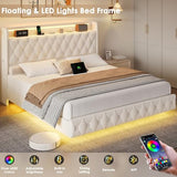Keyluv Queen Floating Bed Frame with LED Lights & Charging Station, Upholstered Velvet Platform Bed with Button Tufted Storage Headboard, No Box Spring Needed, Noise-Free, Easy Assembly, Beige Keyluv