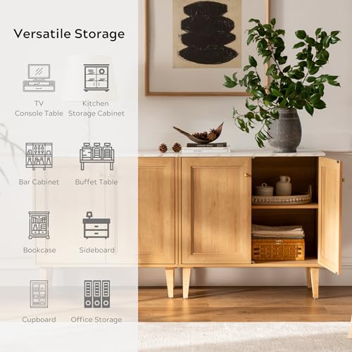 EYYTHUNG Storage Cabinet Sideboard Buffet Cabinet, Modern Accent Cabinet with Faux Marble Top & Adjustable Shelves, Wooden Credenza, Console Table Entryway Cabinet for Living Room, Oak - WoodArtSupply