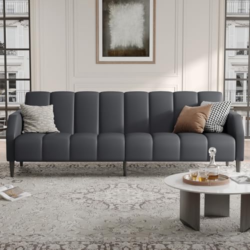 Fadware Faux Leather Couch, Convertible Futon Sofa Bed with Adjustable Backrest, Mid Century Leather Sofa Loveseat with Side Pockets& Metal Leg, Modern Leather Sleeper Sofa for Living Room Bedroom Fadware