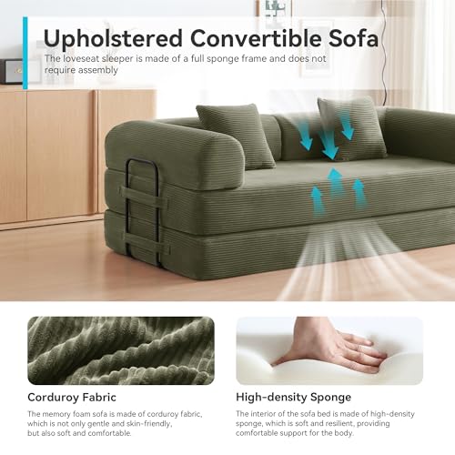 QQR Sleeper Sofa, Comfy Convertible Folding Couch-Futon-Corduroy Fabric Sleeper Sofa Bed with 2 Pillow, Removable Soft Cushion for Small Living Room Dorm/Bedroom/College/Office (Light Green) QQR