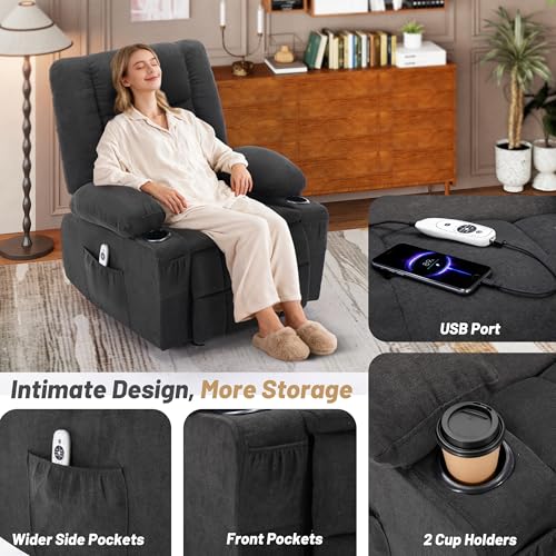 Rocker Recliner Chair with Massage and Heat, Recliner Chair for Adults, Nursery Rocking Chairs for Living Room, Ergonomic Comfy Relining Chair with Cup Holders, USB Charge Port, Side Pockets, Black