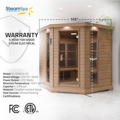 SteamSpa 1-5 Person Low EMF Carbon FAR Infrared Hemlock Wood and Tempered Glass Indoor Home Sauna Room with LED Touch Control Panel, Color LED Therapy Light, Bluetooth Speaker, Oxygen SteamSpa