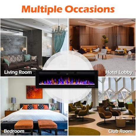 Takywep 50" Electric Fireplace Wall Mounted and Recessed with Remote Control, 750/1500W Ultra-Thin Wall Fireplace Heater W/Timer Adjustable Flame Color and Brightness, Log Set & Crystal Options Takywep