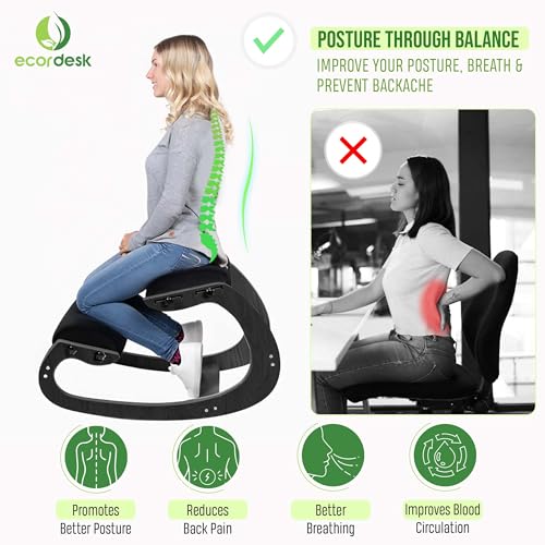 Ecordesk Ergonomic Kneeling Chair, Adjustable Seat - Office Chair for Desk, Posture Corrector, Premium Comfort Cushion, Wooden Rocking Knee Chair (Black Frame) Ecordesk