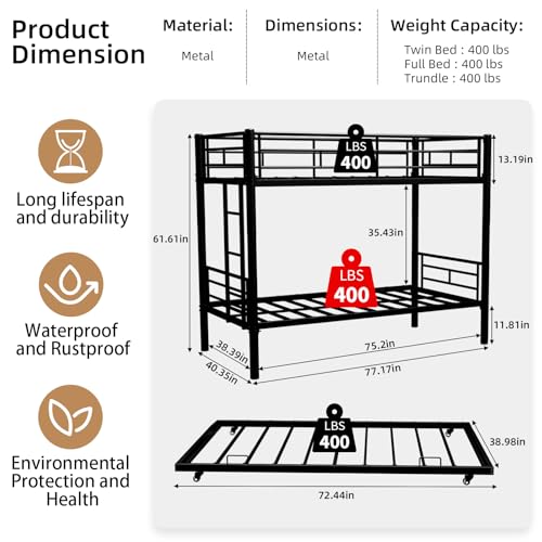 IHUESHO Triple Bunk Bed with Trundle, 400lb Heavy Duty Metal Twin Over Twin Bunkbed, 13.19" Extra High Guardrail, 3-in-1 Convertible to 3 Separate Beds, Kids Teens Adults, No Box Spring (Black) IHUESHO
