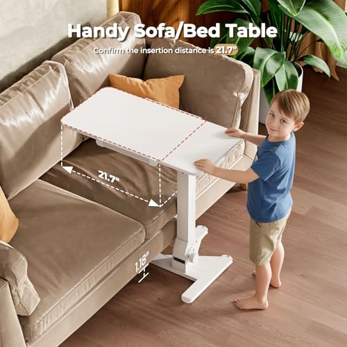 JOY worker Foldable Overbed Bedside Table, 180° Tiltable Mobile Standing Desk with Wheels, 31.5" Pneumatic Height Adjustable Rolling Laptop Desk for Home & Hospital Use, Easy Storage, White JOY worker