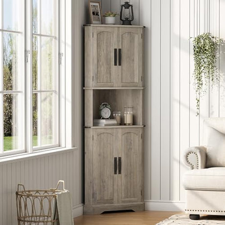 Maupvit Tall Corner Cabinet, Farmhouse Corner Storage Cabinet with 4 Barn Doors and Adjustable Shelves, Storage Pantry Cabinet for Kitchen, Living Room, Laundry Room, Grey Maupvit