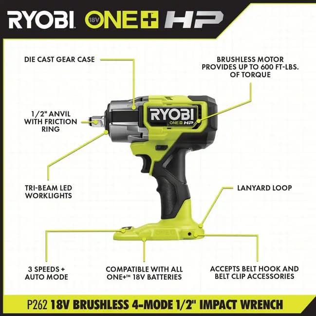 RYOBI P262K1 ONE+ HP 18V Brushless Cordless 4-Mode 1/2 in. Impact Wrench Kit w/ 4.0 Ah HIGH PERFORMANCE Lithium-Ion Battery & Charger RYOBI