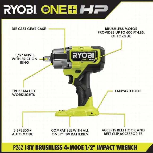 RYOBI P262K1 ONE+ HP 18V Brushless Cordless 4-Mode 1/2 in. Impact Wrench Kit w/ 4.0 Ah HIGH PERFORMANCE Lithium-Ion Battery & Charger - WoodArtSupply