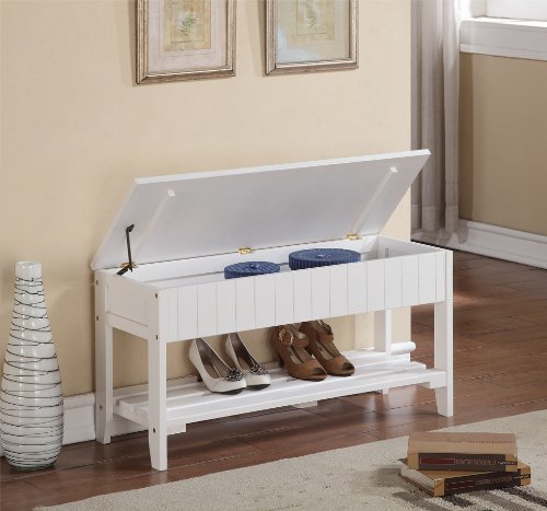 Roundhill Furniture Quality Solid Wood Shoe Bench with Storage, White - WoodArtSupply