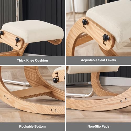 HoeuThien Ergonomic Kneeling Chair, Adjustable Rocking Office Chair Wooden Knee Chair Posture Chair for Home Office Back Pain Relief, Beige HoeuThien