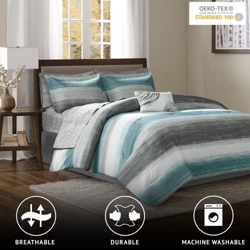 Madison Park Essentials Twin Comforter Set, Bed in a Bag Twin, Watercolor Print Coastal Comforter & Chambray Cotton Sheet Set, All Season Bedding Set, Saben, Aqua Twin (68 in x 86 in) 7 Piece Madison Park