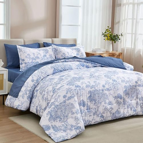 DJY Blue Comforter Set King, 7 Pieces Bed in a Bag King Size Botanical Comforters with Sheets Elegant Plants Print Soft Microfiber Reversible Complete Bedding Sets for All Season DJY