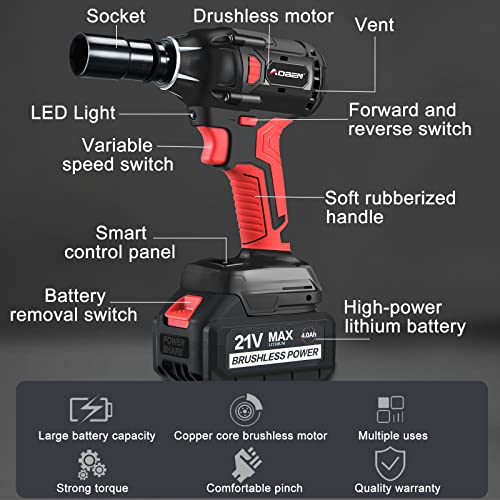 AOBEN 21V Cordless Impact Wrench, 400N.m Max Torque, 3000rpm Speed, 4.0Ah Li-ion Battery, 6Pcs Driver Sockets, Fast Charger, Tool Bag AOBEN