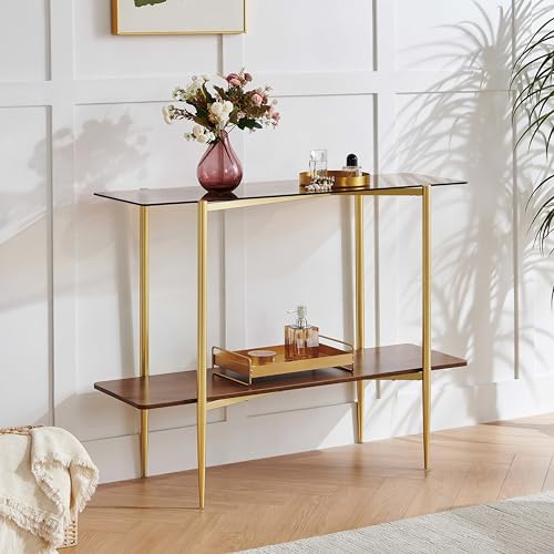 Pine Flicker Rectangle Glass Console Table, Mid-Century Modern Design, L41*W14*H32 inch, for Living Room, Amber Glass Top and Walnut Finish Wood Shelf, Conical Metal Legs with Gold Finish Pine Flicker