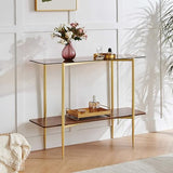 Pine Flicker Rectangle Glass Console Table, Mid-Century Modern Design, L41*W14*H32 inch, for Living Room, Amber Glass Top and Walnut Finish Wood Shelf, Conical Metal Legs with Gold Finish Pine Flicker