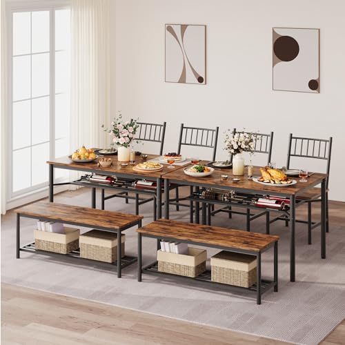 Garvee Dining Table Set for 4 with Bench and Chairs, 4-Piece Kitchen Table Set with Storage – Space-Saving Dining Table for Apartments and Dining Rooms, Brown Garvee
