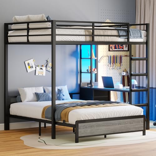 ADORNEVE Bunk Bed with Desk, Full Over Full Bunk Beds with Charging Station & Led Lights, 4 Storage Drawers & 2 Open Storage Shelves, Metal Loft Bed with Safety Guardrail & Ladder for Kids/Teen, Grey ADORNEVE