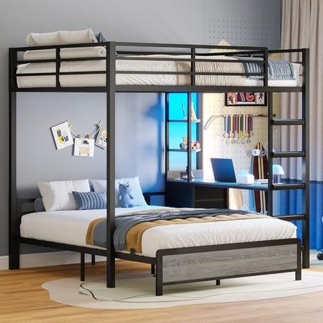 ADORNEVE Bunk Bed with Desk, Full Over Full Bunk Beds with Charging Station & Led Lights, 4 Storage Drawers & 2 Open Storage Shelves, Metal Loft Bed with Safety Guardrail & Ladder for Kids/Teen, Grey ADORNEVE