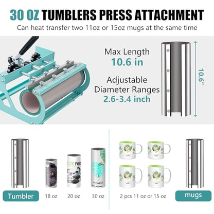 SmarketBuy 5 in 1 Heat Press,15x15 Inch Heat Press Machine with 30 OZ Tumbler Attachment, Professional Sublimation Machine for T-Shirts, Hats, Tumblers Glass Cans and Plates