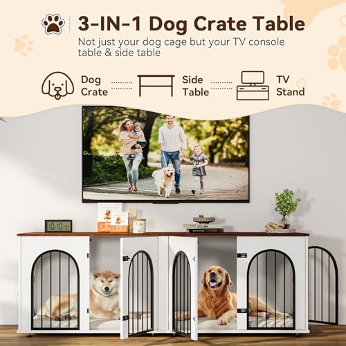 71" Large Dog Crate Furniture for 2 Dogs, Wooden Double Dog Crate, Indoor Dog Kennel TV Stand with Divider and Cushion for Large Medium Dogs, White/Brown GarveeLife