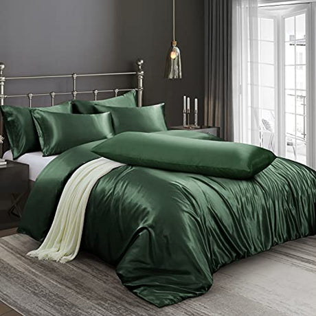 Ersmak 6 Pieces Satin Duvet Cover King Size Luxury Silky Bedding Duvet Cover Set with 1 Soft Duvet Cover, 4 King Pillowcases and 1 Body Pillowcase, Emerald Green Ersmak
