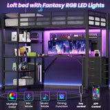 UPOSOJA Loft Bed Twin Size with L Shape Desk,4 Drawers,3-Tier Storage Shelves Metal Loft Bed Frame with Power Outlet and LED Lighted,No Box Spring Needed,Space-Saving,Noise Free,Brown & Black UPOSOJA