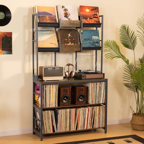 Aquzee Extra Large Record Player Stand, Vinyl Record Stand Hold Up to 600 Albums, Turntable Stand with Record Display Shelf, Record Player Table for Living Room Bedroom Music Room Studio, Rustic Brown Aquzee