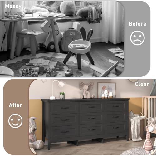 chartustriable Farmhouse 9 Drawers Dresser, Wood Dresser for Bedroom Wide Chest of Drawers, French Country Storage Double Dressers Organizer for Bedroom, Living Room, Nursery(Black) chartustriable