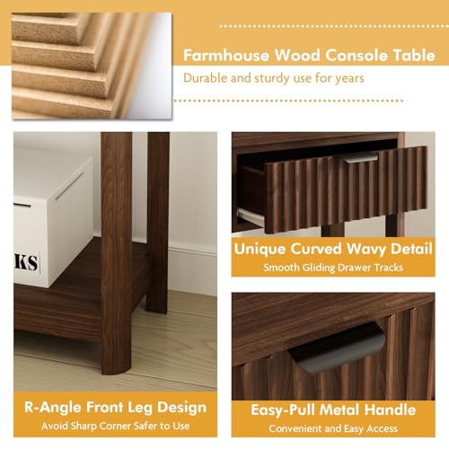 RUSTOWN Fluted Wood Console Table with 3 Drawers, Boho Narrow Behind Couch Entryway Table with Open Storage Shelf, Modern Sofa Table for Living Room, Foyer and Hallway (Dark Walnut) RUSTOWN