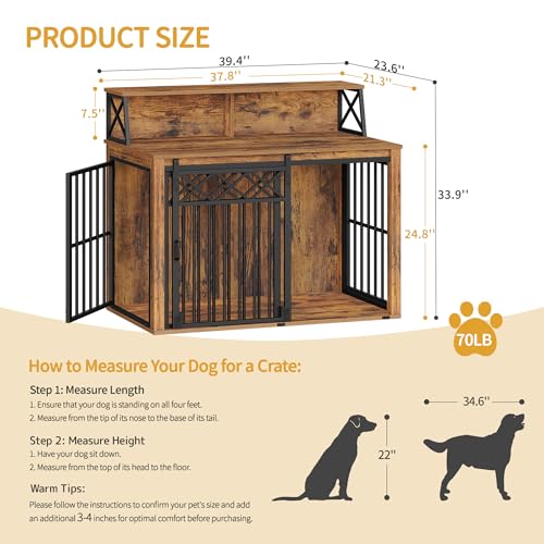 Hzuaneri 39.4'' Dog Crate Furniture, Large Wooden Dog Crate with Storage and 3 Doors, Indoor Kennel for Medium/Large Dogs, End Table with Barn Door, Chew-Proof and Escape-Proof, Rustic Brown DFC87401B Hzuaneri