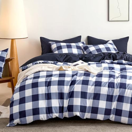 Wake In Cloud - Gingham Comforter Set, Plaid Buffalo Check Checkered Cottagecore Cute Geometric, Soft Lightweight Bedding, 3 Pieces, Navy Blue White, Twin/Twin XL Size Wake In Cloud