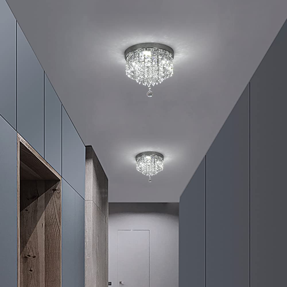 Deckrico Crystal Chandelier Modern Led Ceiling Light Flush Mount Stainless Steel Fixture Beaded Light Shade for Bedroom Dining Room Hallway Porch (White Light) Deckrico