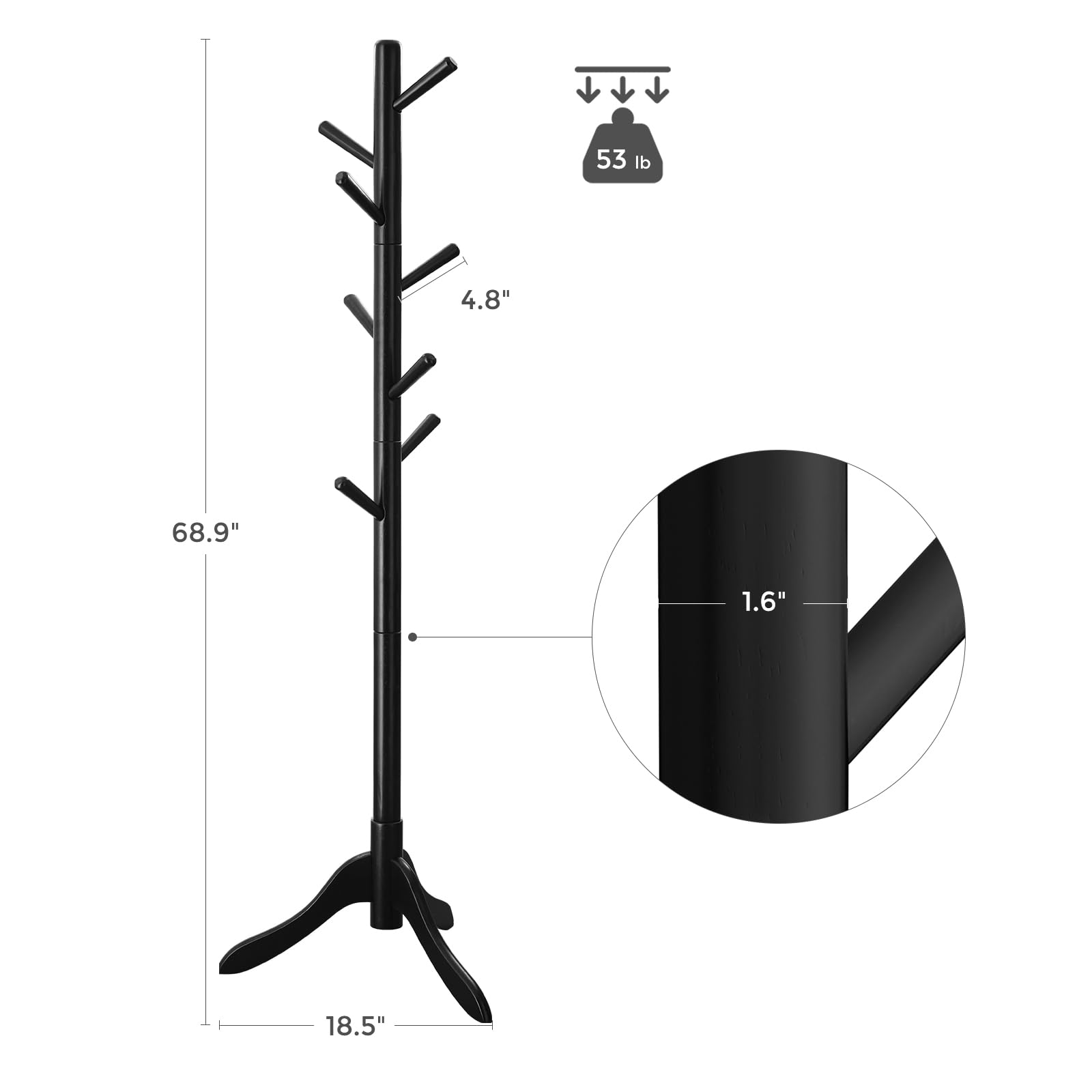 VASAGLE Solid Wood Coat Rack, Free Standing Coat Rack, Tree-Shaped Coat Rack with 8 Hooks, 3 Height Options, for Clothes, Hats, Bags, for Living Room, Bedroom, Home Office, Black URCR001B01 - WoodArtSupply