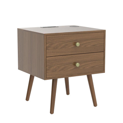 Wooden Nightstand with Wireless Charging and LED Light - 20" W x 14" D x 24" H Mid Century Modern Walnut Nightstand with Charging Station, Large Bedside Table with Storage Drawers, Outlet on Top