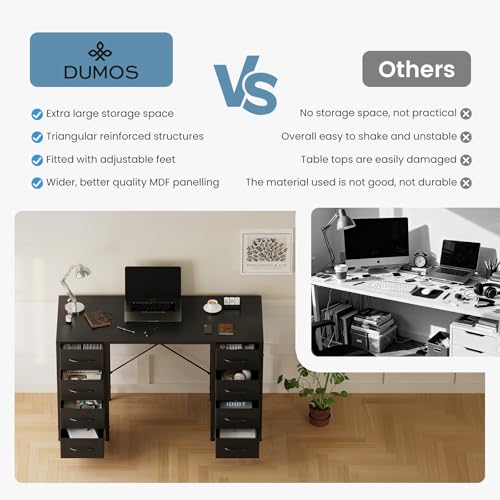 DUMOS 47 Inch Computer Desk with 8 Fabric Drawers, Office Gaming Desk with Storage, Writing Study Table with X-Shaped Reinforced Structure, Black DUMOS