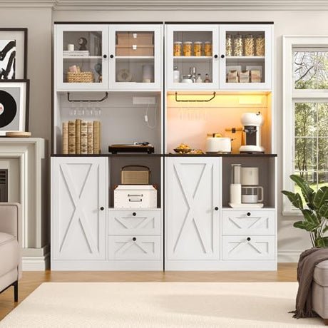 CBBPET 71" Tall Coffee Bar Cabinet with Storage Hutch, Farmhouse Kitchen Pantry Cabinet with LED Lights Microwave Stand and Glass Holder for Home Dining Room Kitchen,White CBBPET