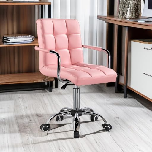 Yaheetech Desk Chairs with Wheels/Armrests Modern PU Leather Office Chair Height Adjustable Home Computer Executive Chair on Wheels 360° Swivel - Pink Yaheetech
