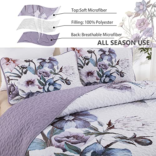 Drucon Purple Floral Quilt Set King Size 3 Pieces Purple Botanical Flower Quilt Coverlet Set Soft Microfiber Lightweight Quilted Bedspread for All Season 104"x90" Drucon