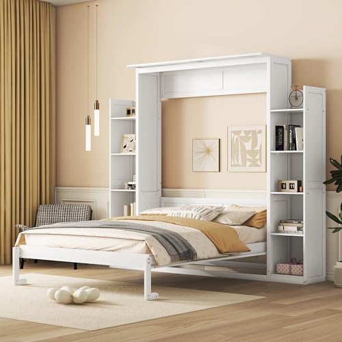 Ball & Cast Queen Size Murphy Bed Wall Bed with Shelves and LED Lights,can be Folded,Hideaway Cabinet Bed Frame W/ 2 Five-Layer Cabinets,Slat Support,for Apartment,Bedroom,Guest Room,White Ball & Cast