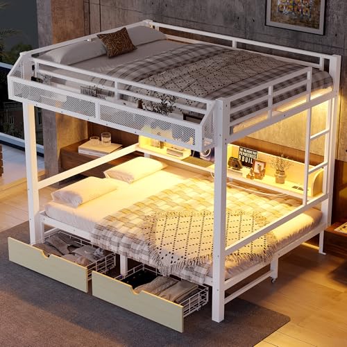 Bellemave Queen Over Queen Bunk Bed Frame with Storage Shelves & Drawers, Metal Bunk Bed Queen Over Queen with Charging Station & LED Lights, Space-Saving Beds Frame Convertible to Sofa Design, White Bellemave